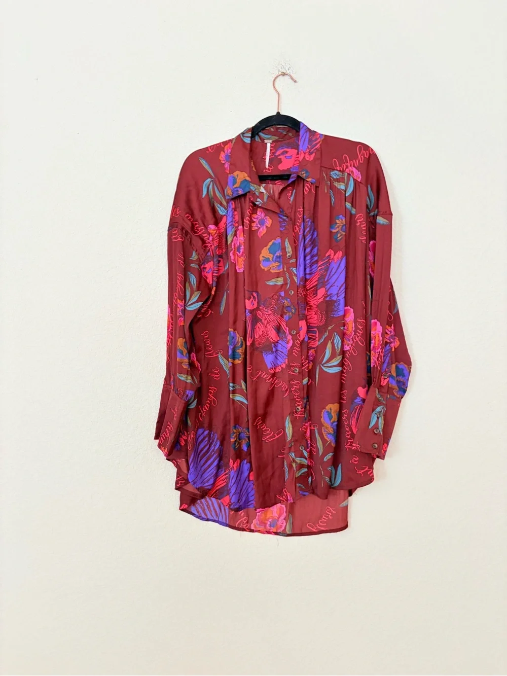 Free People Silky Night Burgundy Blue Floral Print Oversized Button-Down Shirt M